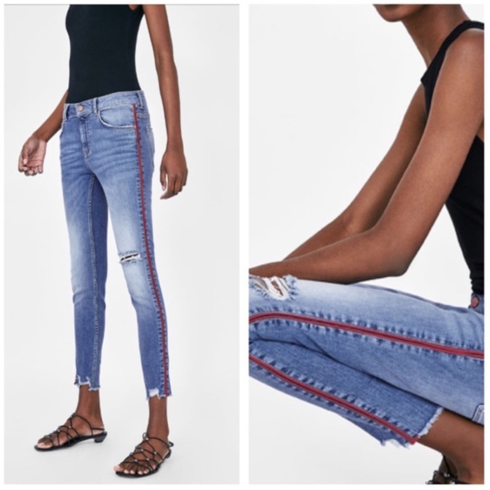 Zara Basic Z1975 Denim Red Stripe‎ Distressed Blue Jeans